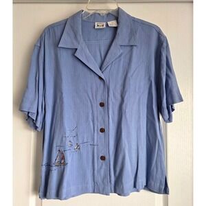 Weekend Clothes Line Vintage Blue Rayon Sailboat Embroidered ButtonUp Shirt Sz L